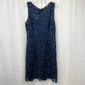 Fun 2 Fun Womens Sheath Dress Navy Lined Jewel Neck Sleeveless Lace Zip Short M
